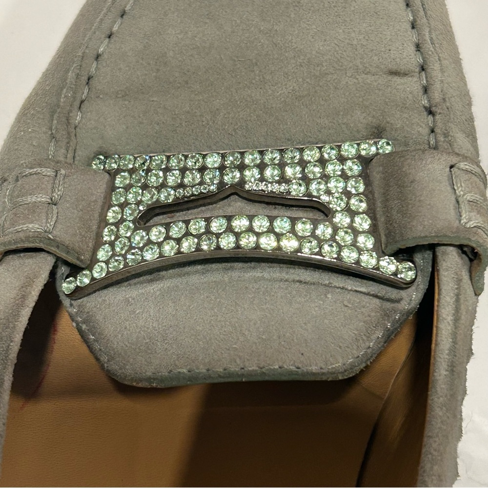 TOD’S Suede Leather Driving Loafers Rhinestone Crystal Buckle, Gray, Sz 9.5 - Picture 13 of 14